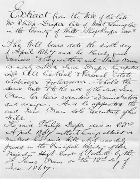 Extract of the will of Philip Draper of Easterton
